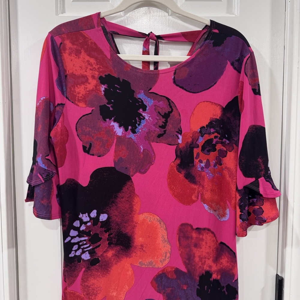 Clara Sun Woo Dress Women M Pink Floral Ruffle Sleeve V Back Stretch Midi